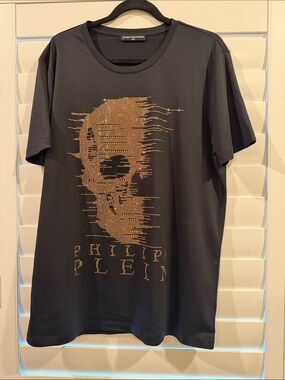 Philipp Plein Black T-Shirt with Gold Rhinestone Skull
